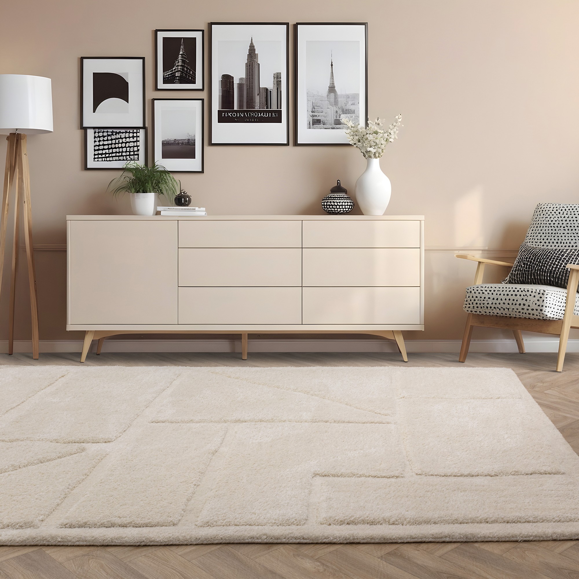 Horizon 2 Modern Geometric Textured Rugs In Ivory White